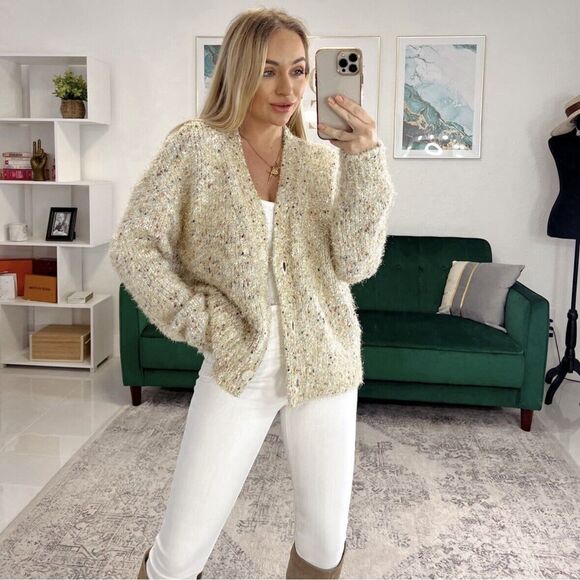 Maeve Anthropologie Wool Chunky Knit Cardigan Womens Twinkle Crop Sweater Medium - Picture 2 of 14